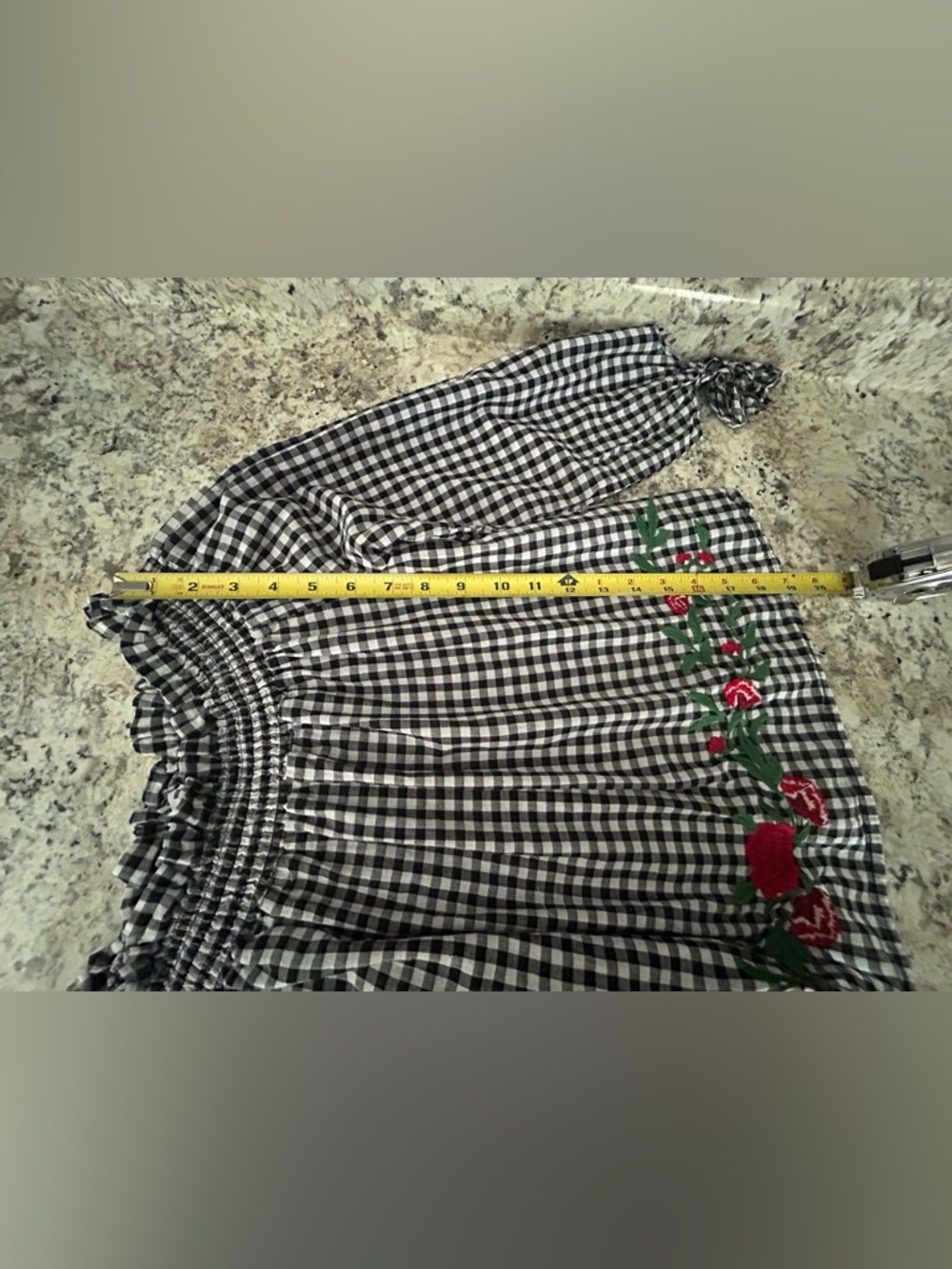Miss Lili Boho Black White Gingham Off Shoulder Embroidered Peasant Blouse Sz L - Picture 9 of 9